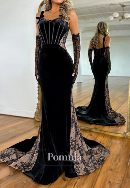 Black Spaghetti Straps Scoop Appliques Velvet Prom Dress