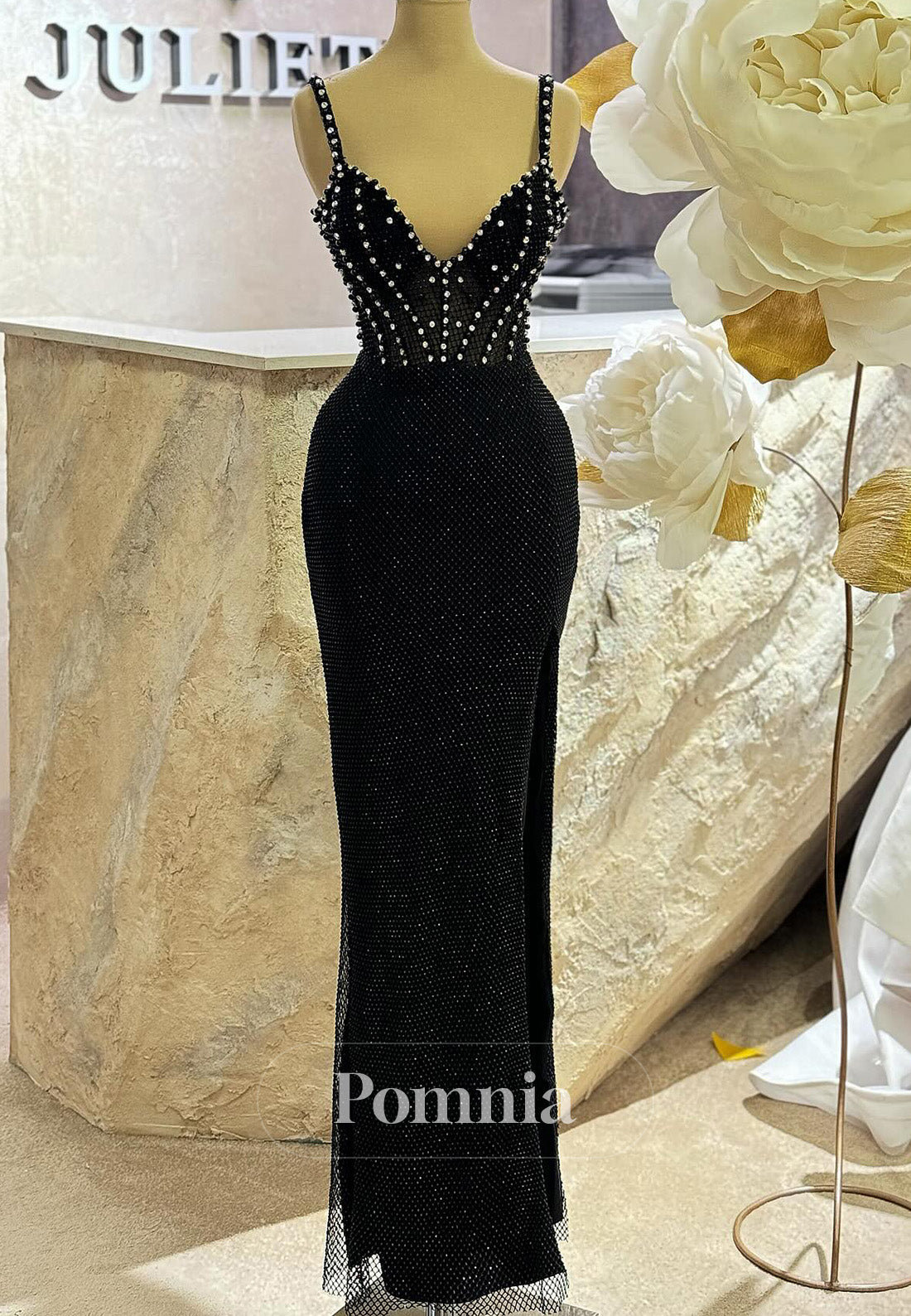 Black Spaghetti Straps Scoop Pearls Prom Dress