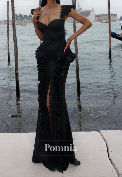 Black Spaghetti Straps Scoop Ruffles Slit Prom Dress