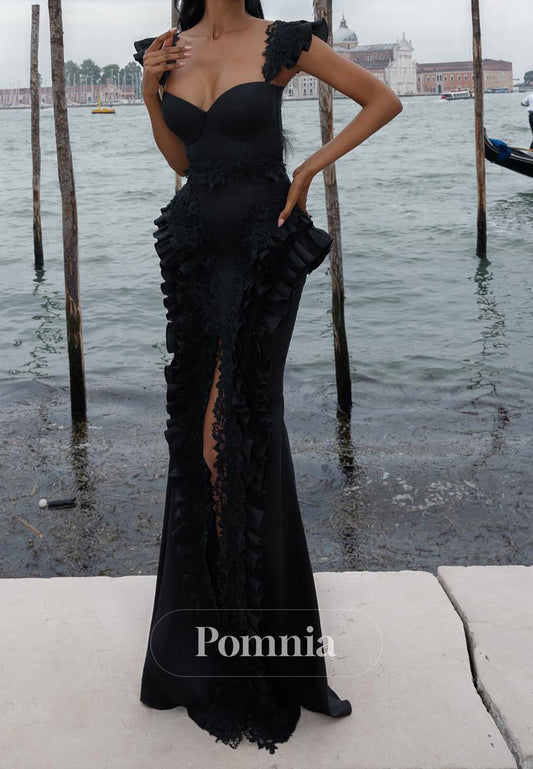 Black Spaghetti Straps Scoop Ruffles Slit Prom Dress