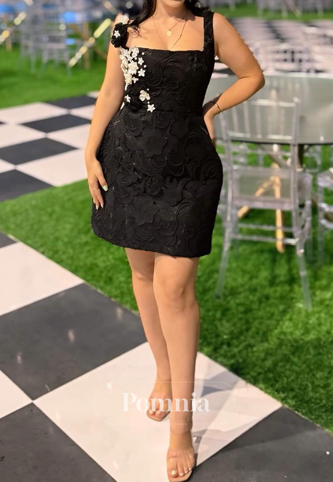 Black Spaghetti Straps Square Ruched Homecoming Dress