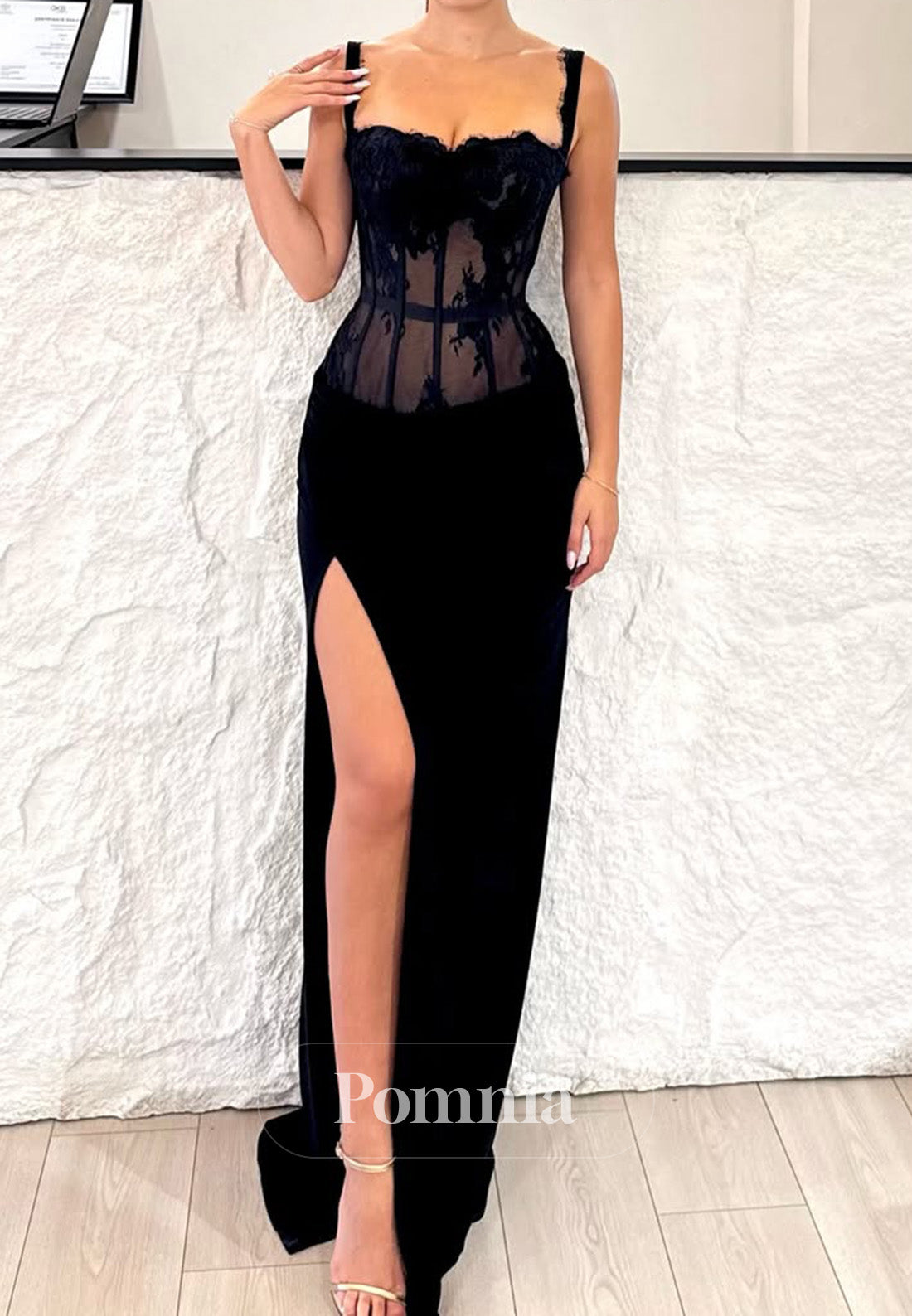 Black Spaghetti Straps Square Slit Corset Prom Dress