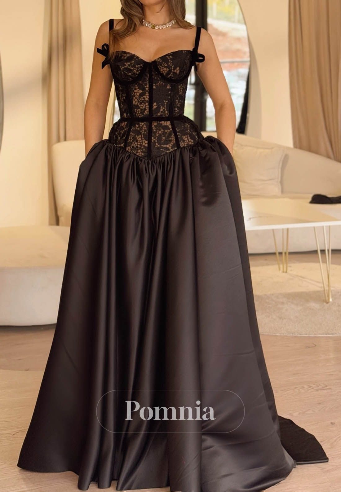 Black Spaghetti Straps Sweetheart Empire-Waist Prom Dress