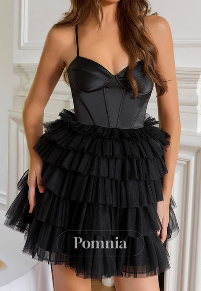 Black Spaghetti Straps Sweetheart Ruffles Homecoming Dress