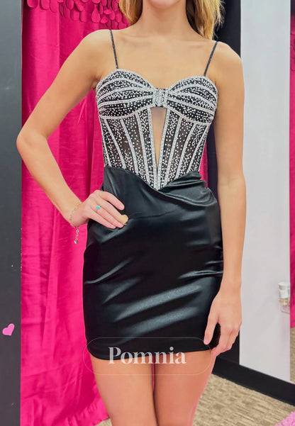 Black Spaghetti Straps Sweetheart Sequins Mini Homecoming Dress