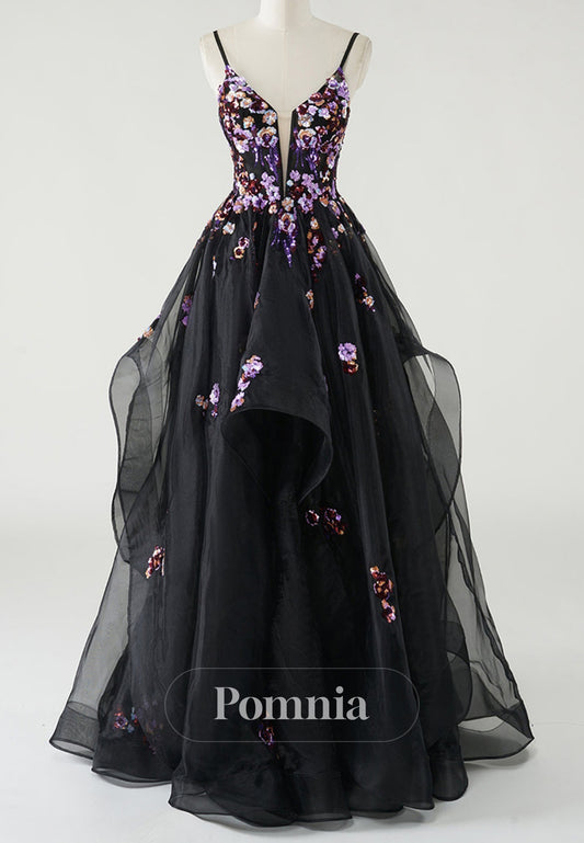 Black Spaghetti Straps V-Neck Floral Appliques Prom Dress