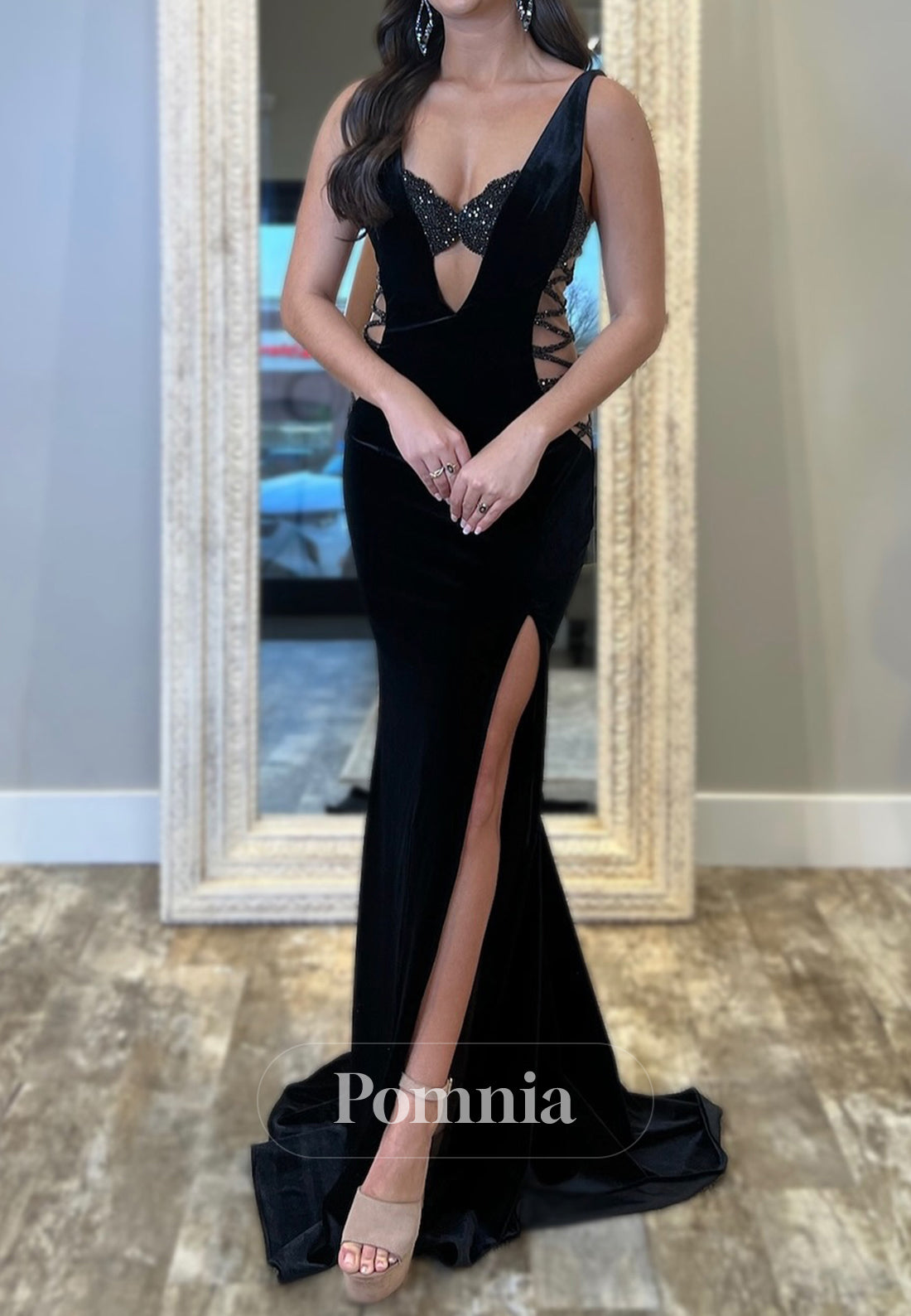 Black Spaghetti Straps V-Neck Slit Prom Dress