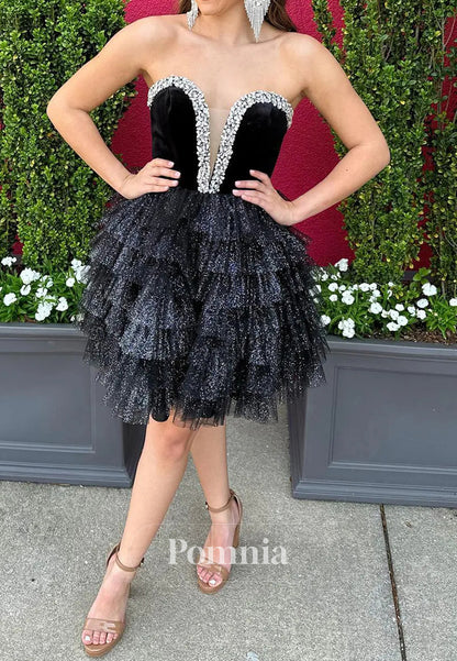 Black Strapless Sleeveless Beads Ruffles Homecoming Dress