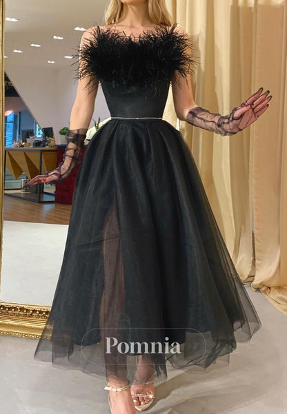 Black Strapless Sleeveless Feathers Lace Evening Dress