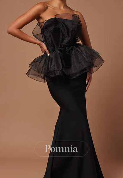 Black Strapless Sleeveless Ruffles Sheath Evening Dress