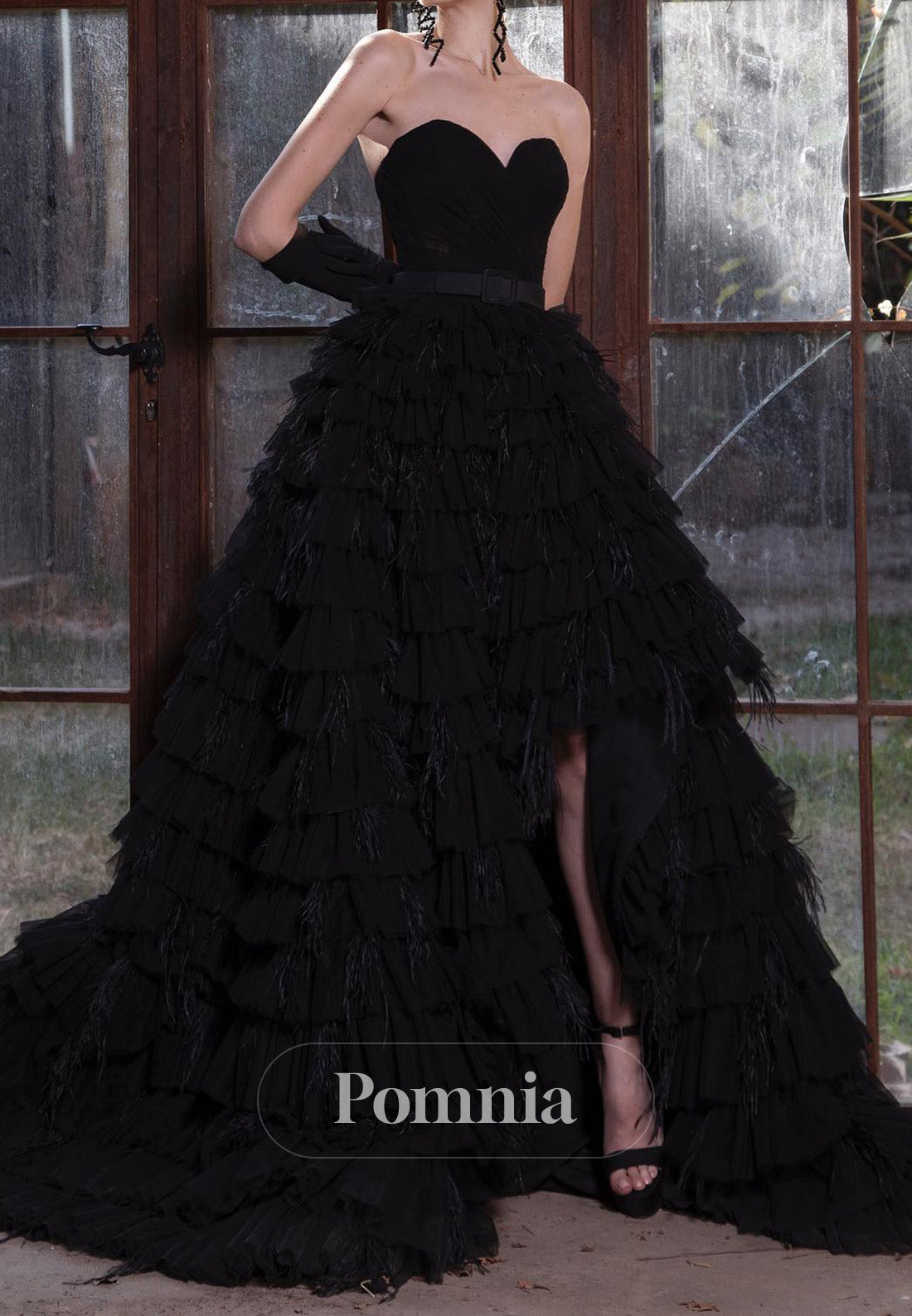 Black Sweetheart A-Line Ruffles Slit Feathers Evening Dress