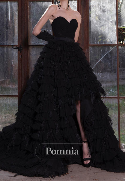 Black Sweetheart A-Line Ruffles Slit Feathers Evening Dress