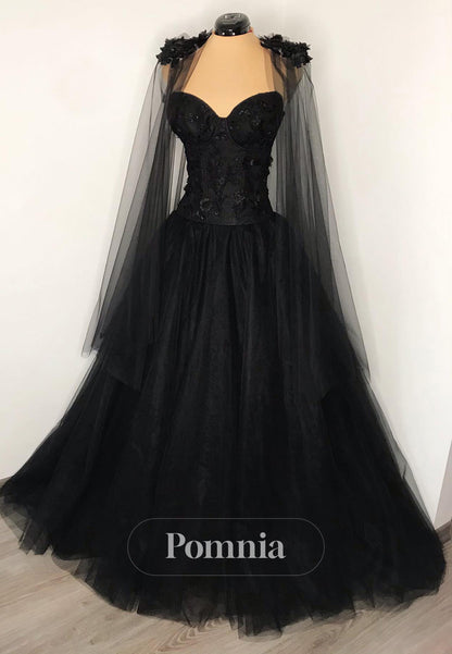 Black Sweetheart Cape Lace-Up Back A-Line Wedding Dress
