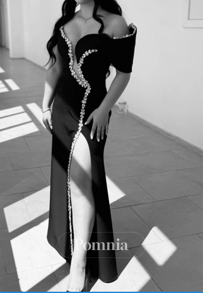 Black Sweetheart Sleeveless Slit Beads Prom Dress