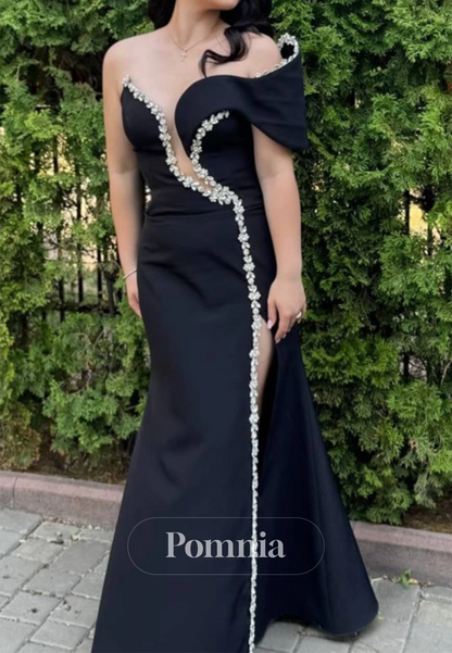 Black Sweetheart Sleeveless Slit Beads Prom Dress