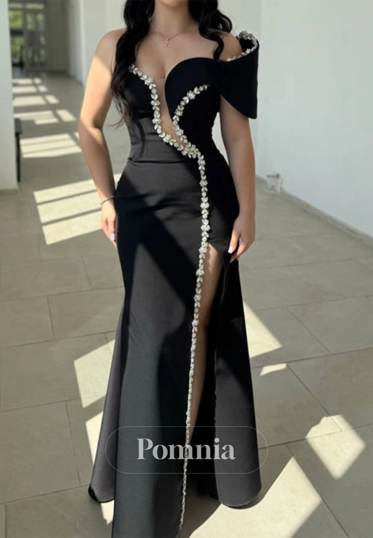 Black Sweetheart Sleeveless Slit Beads Prom Dress
