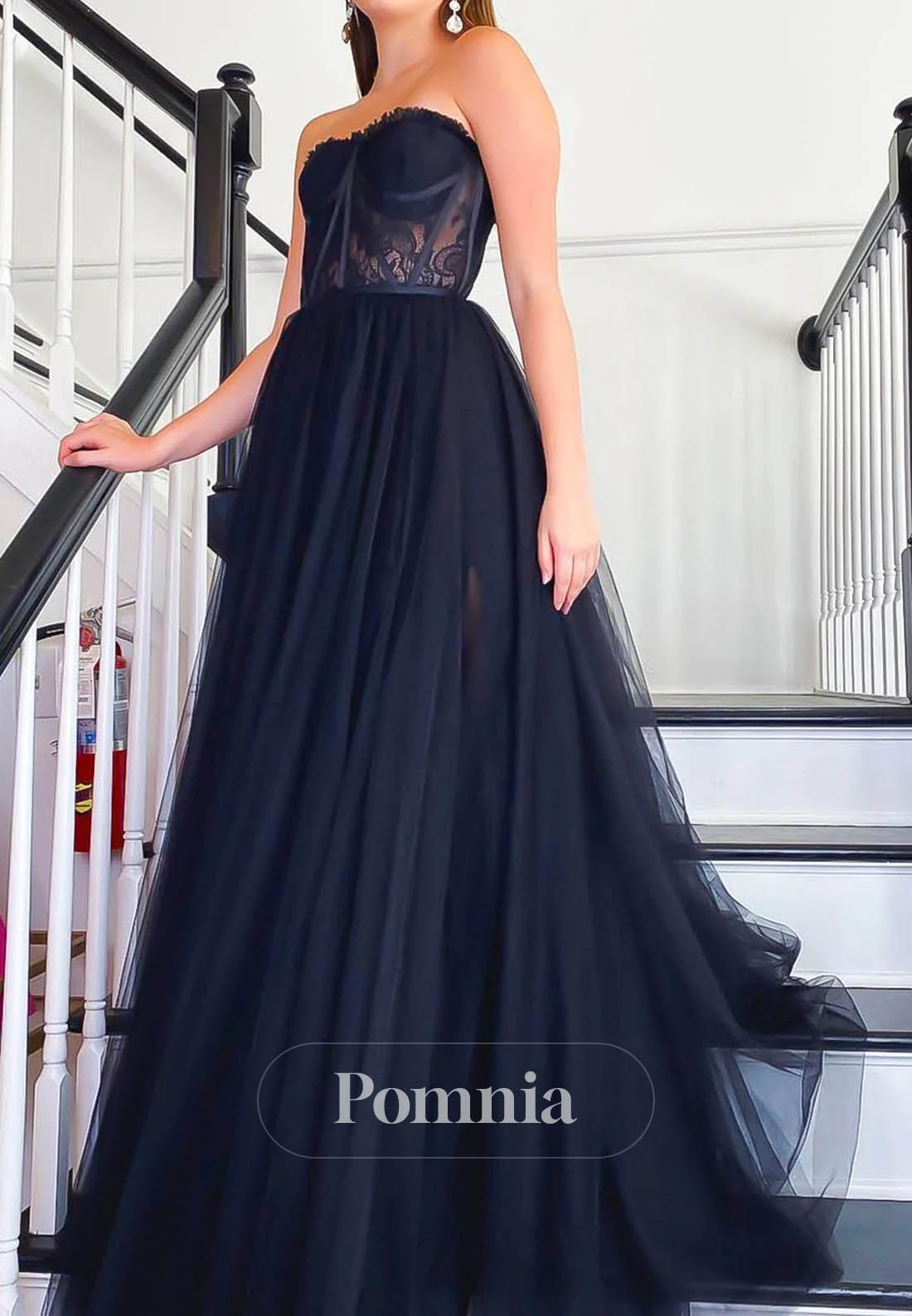 Black Tulle Corset Prom Dress Strapless Lace A-Line Formal Evening Dress