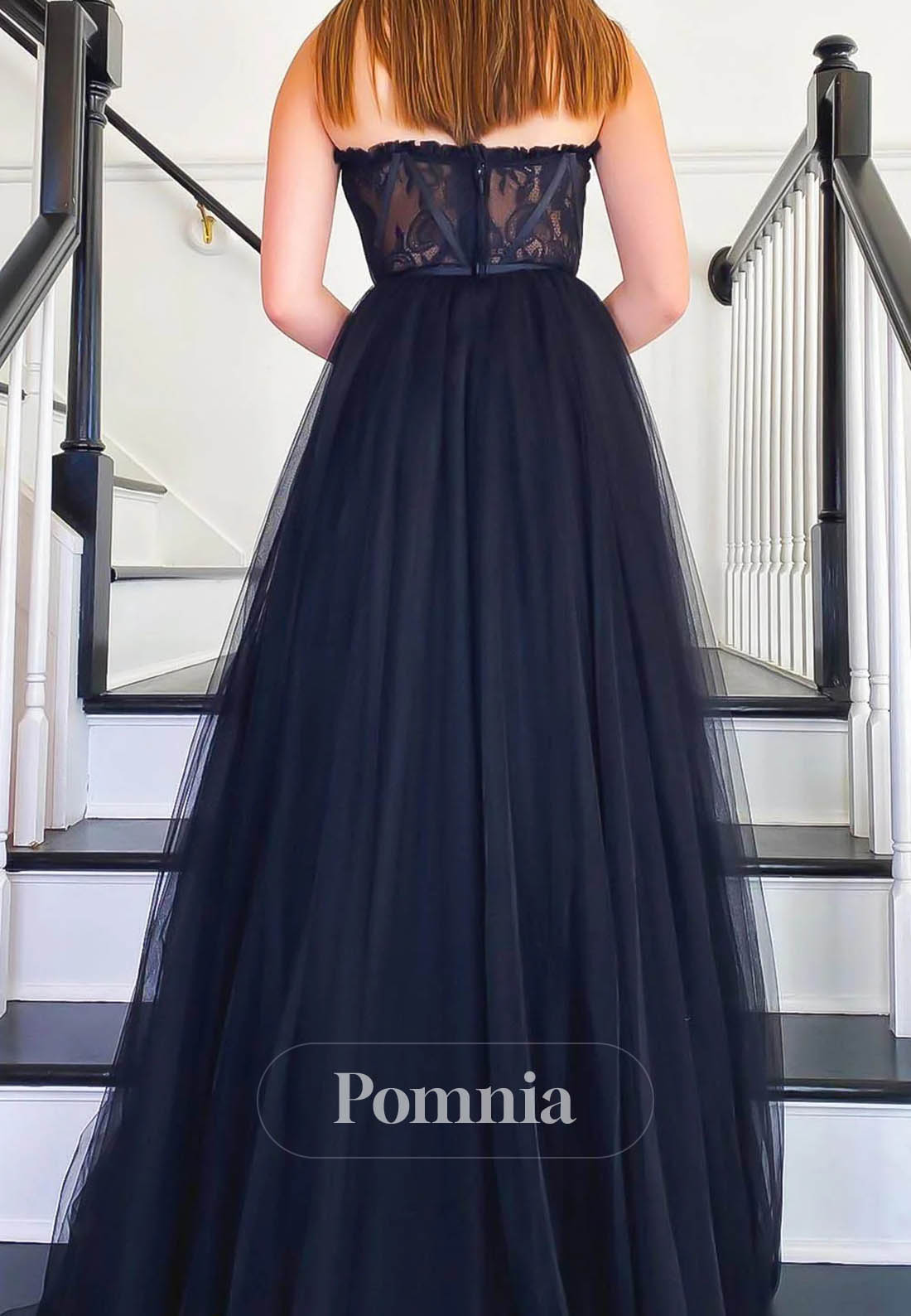 Black Tulle Corset Prom Dress Strapless Lace A-Line Formal Evening Dress