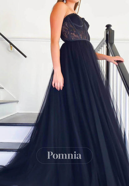 Black Tulle Corset Prom Dress Strapless Lace A-Line Formal Evening Dress