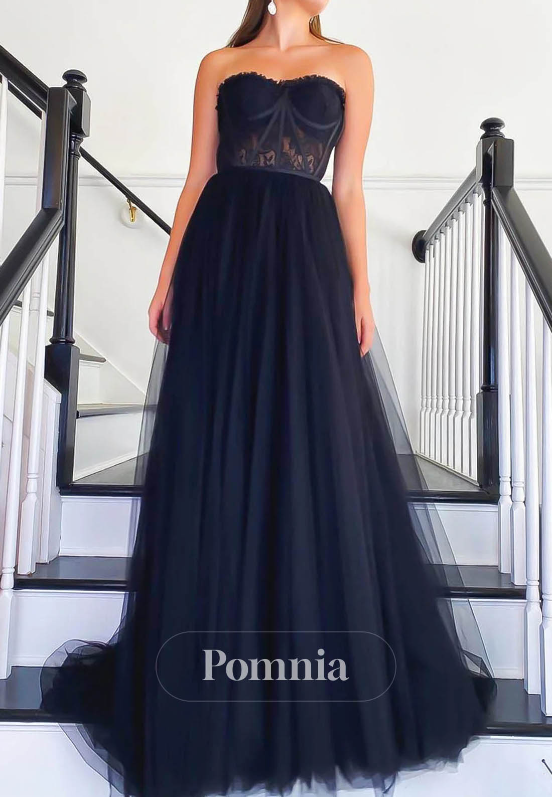 Black Tulle Corset Prom Dress Strapless Lace A-Line Formal Evening Dress