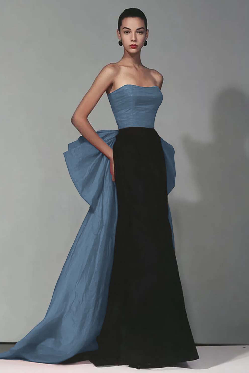 Black and Red Strapless Mermaid Long Formal Dress with Bow