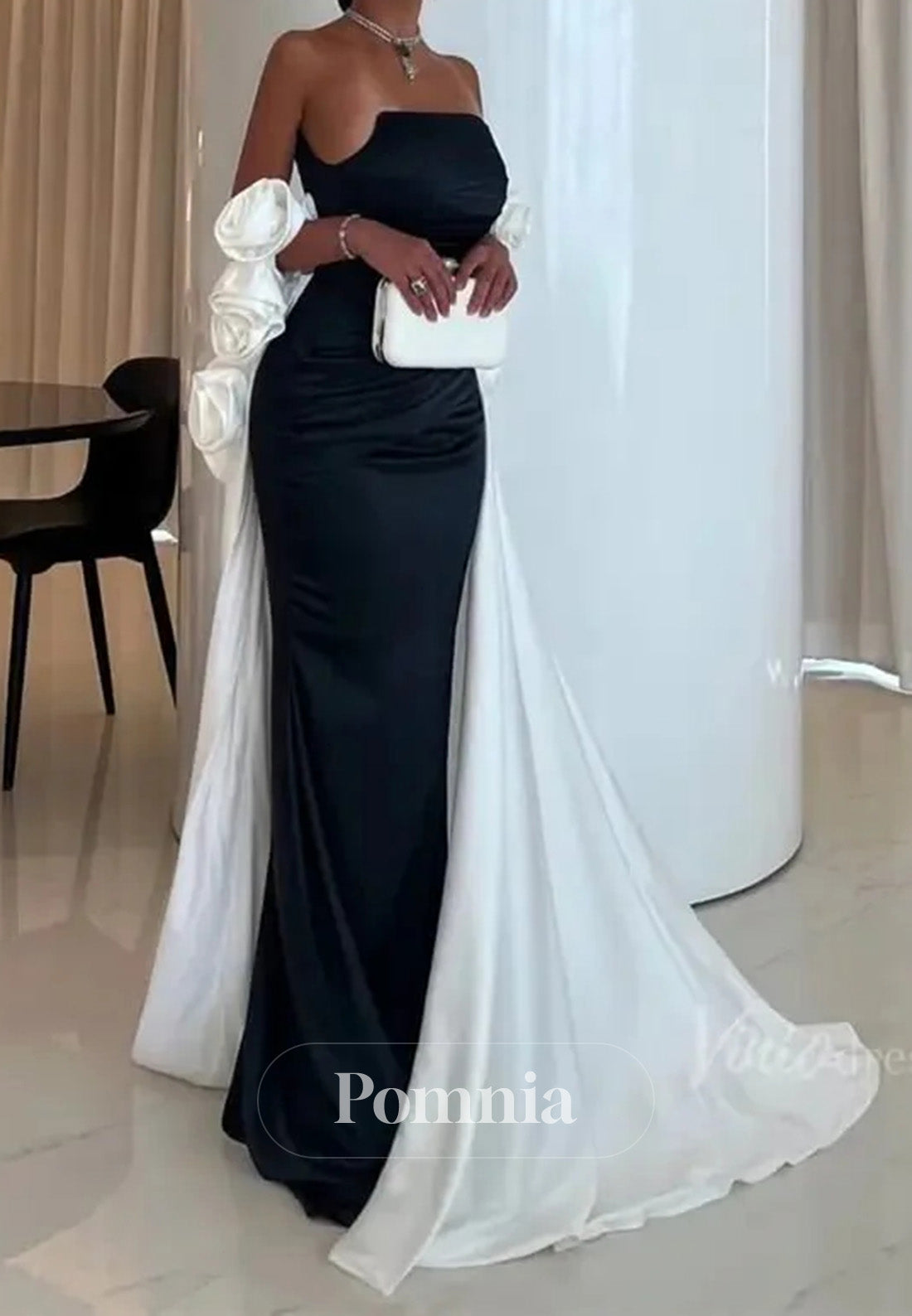 Black and White Satin Mermaid Prom Dresses with Dripped Back Cape & 3D Flower