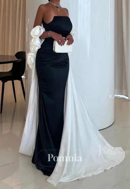 Black and White Satin Mermaid Prom Dresses with Dripped Back Cape & 3D Flower