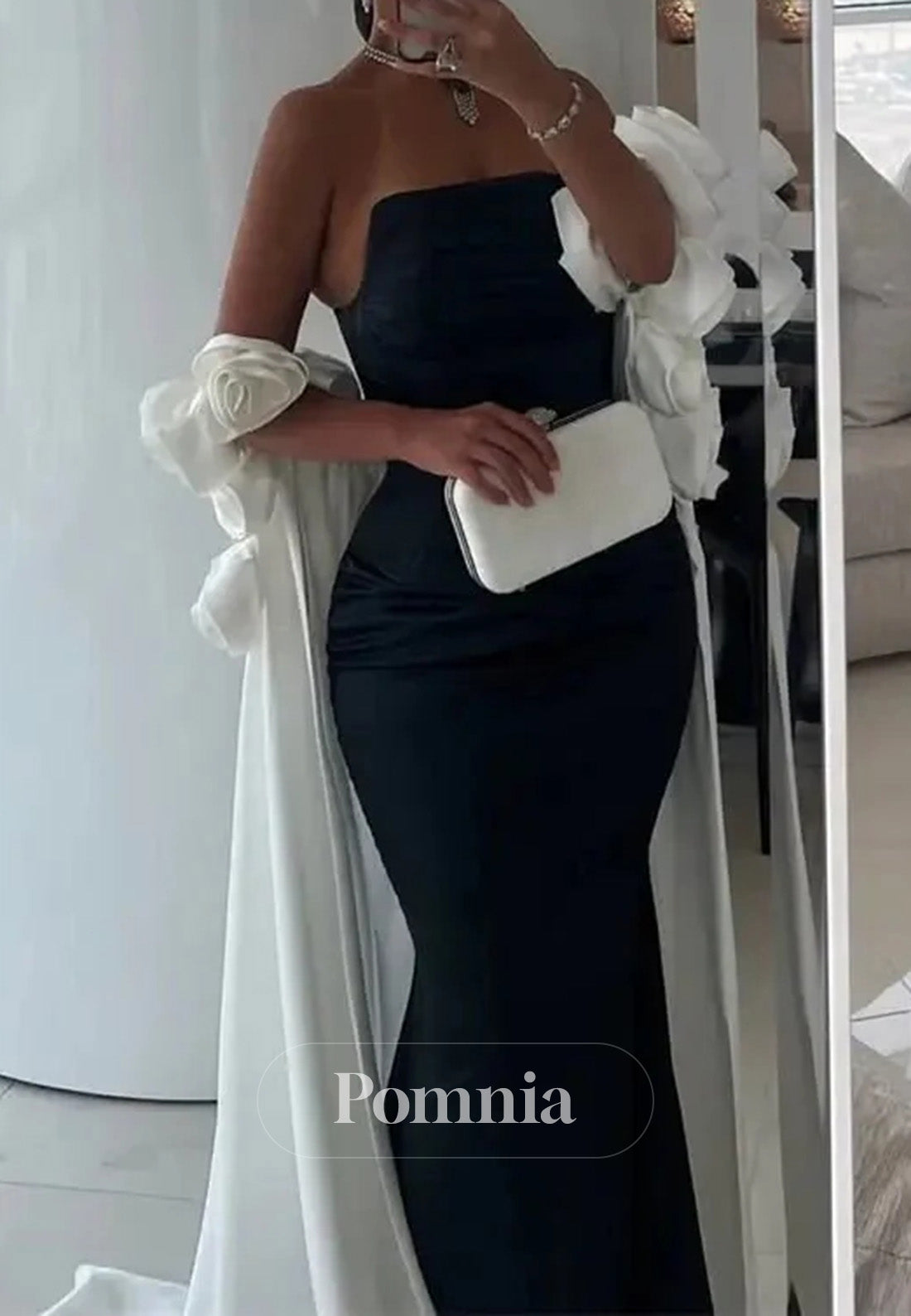 Black and White Satin Mermaid Prom Dresses with Dripped Back Cape & 3D Flower