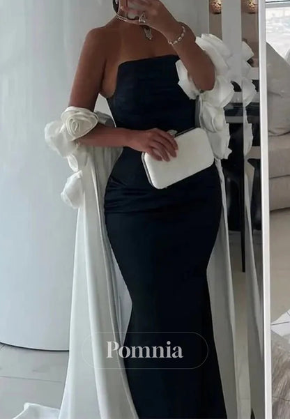 Black and White Satin Mermaid Prom Dresses with Dripped Back Cape & 3D Flower