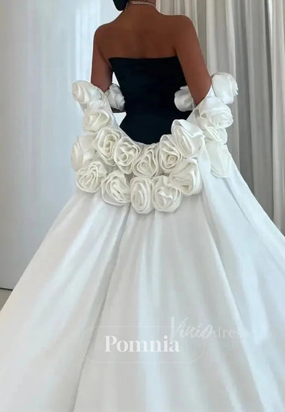 Black and White Satin Mermaid Prom Dresses with Dripped Back Cape & 3D Flower