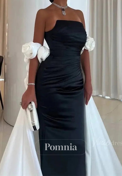 Black and White Satin Mermaid Prom Dresses with Dripped Back Cape & 3D Flower
