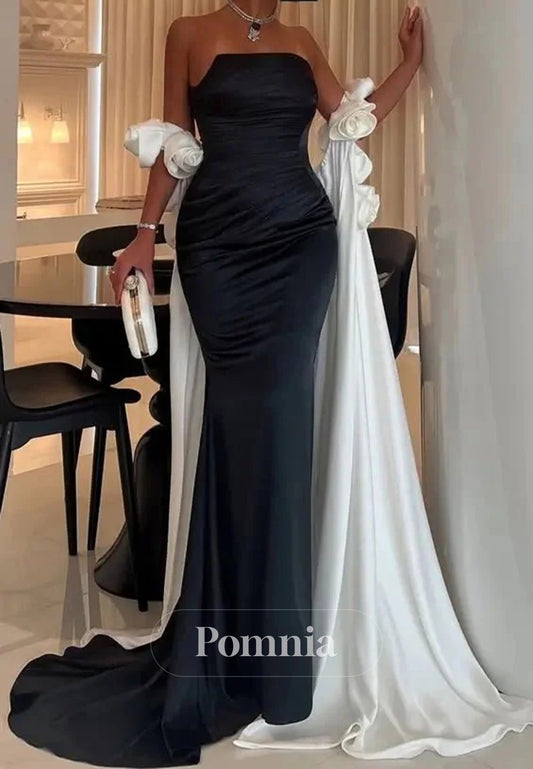 Black and White Satin Mermaid Prom Dresses with Dripped Back Cape & 3D Flower