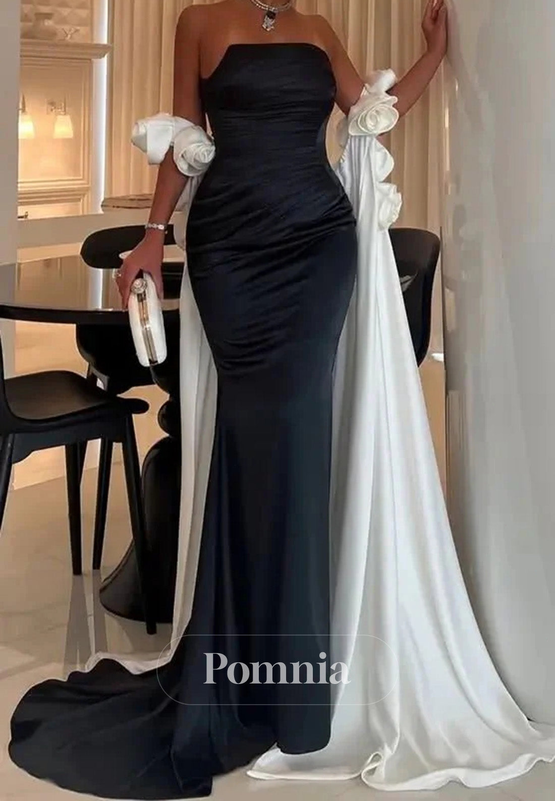 Black and White Satin Mermaid Prom Dresses with Dripped Back Cape & 3D Flower
