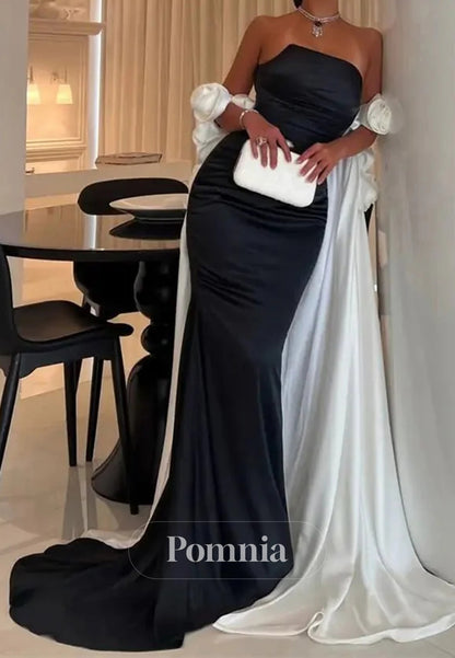 Black and White Satin Mermaid Prom Dresses with Dripped Back Cape & 3D Flower