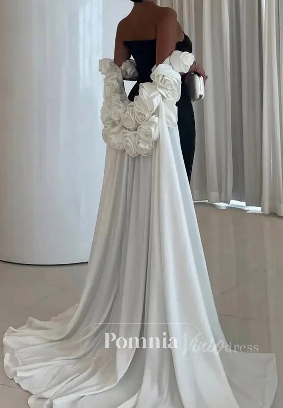 Black and White Satin Mermaid Prom Dresses with Dripped Back Cape & 3D Flower