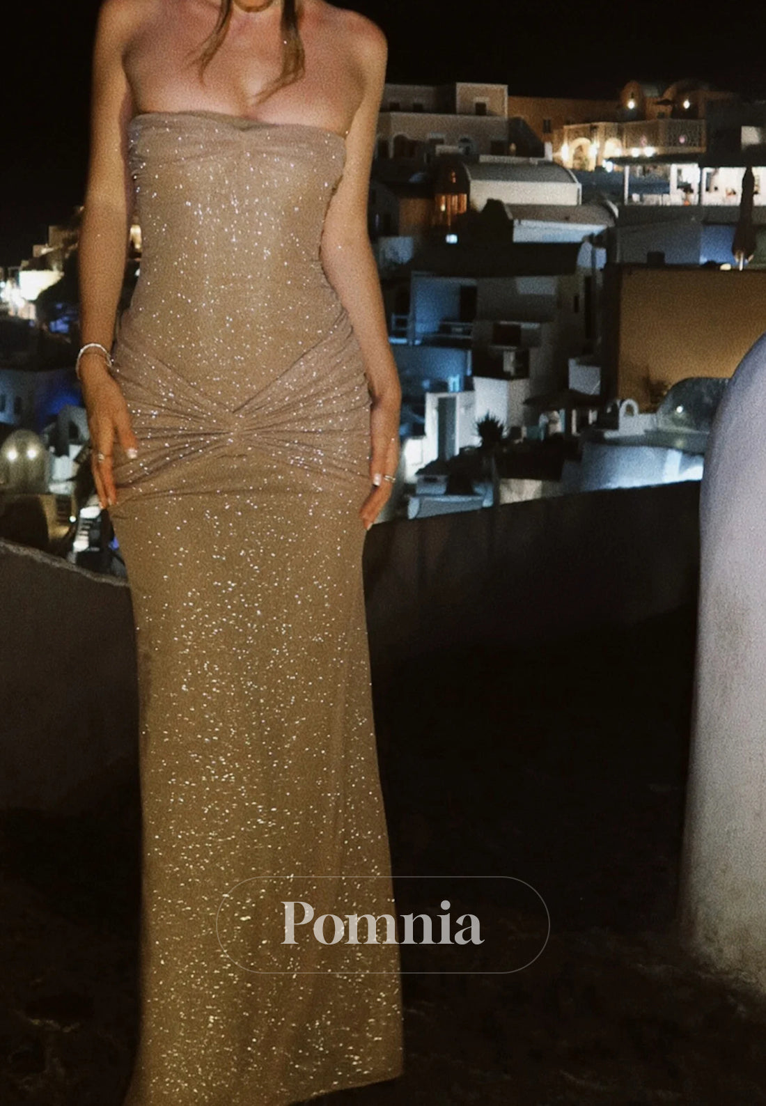 Bling Sheath Strapless Champagne Sequins Long Prom Dress