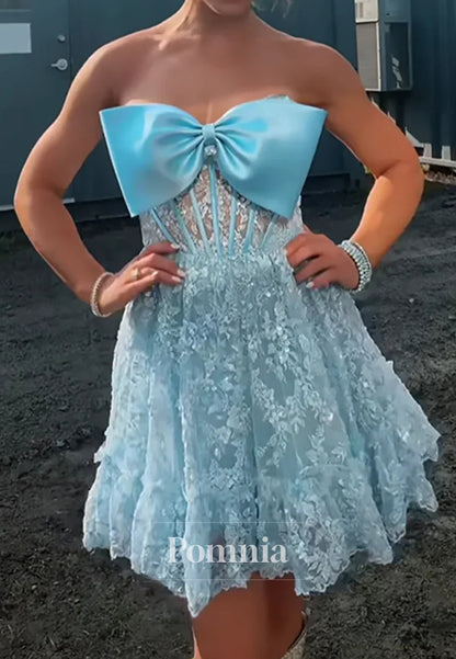 Blue A-Line Bow Strapless Lace Appliques Sleeveless Homecoming Dress