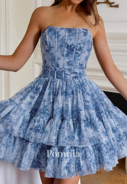 Blue A-Line Strapless Sleeveless Ruffles Homecoming Dress