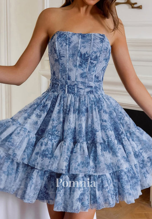 Blue A-Line Strapless Sleeveless Ruffles Homecoming Dress