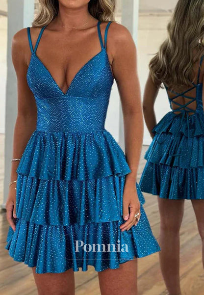 A-Line Beaded Open Back Ruffle Short Homecoming Dress