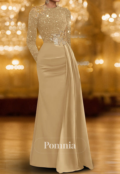 Elegant Dress Floor-Length Long Sleeves Crew Neck Mother of the Bride Dress