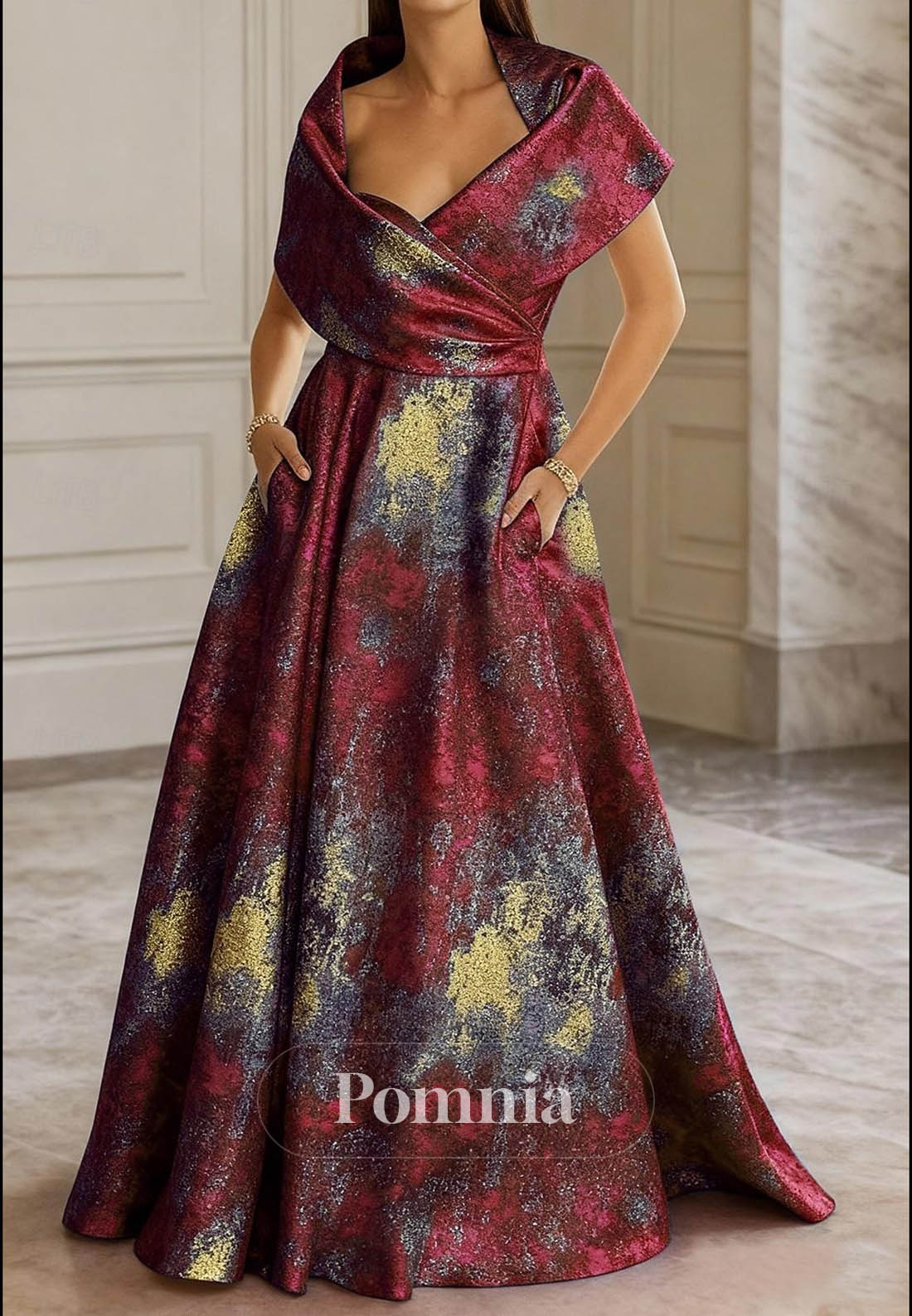 A-Line Evening Gown Short Sleeve Queen Anne Pocket Nylon