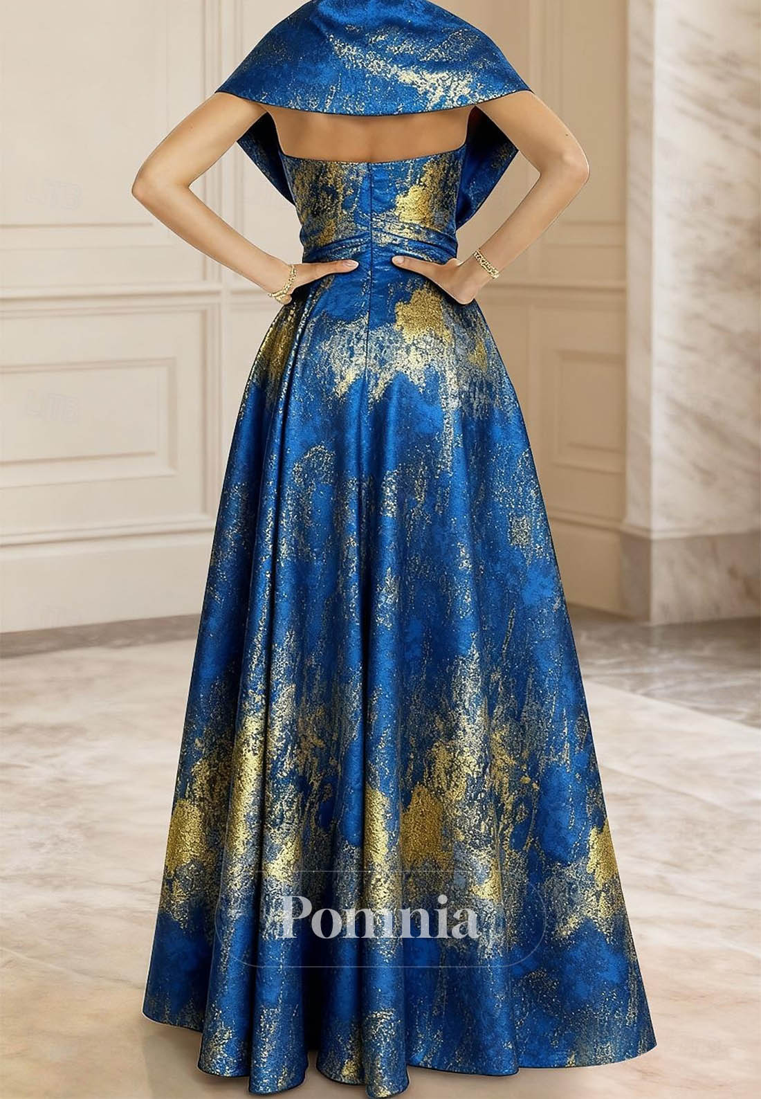 A-Line Evening Gown Short Sleeve Queen Anne Pocket Nylon