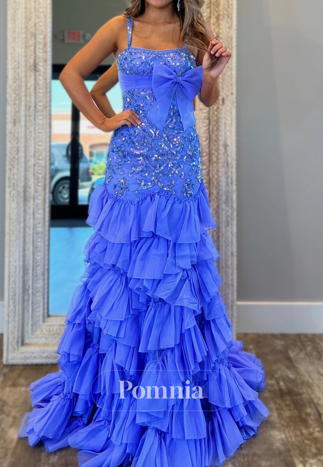 Blue Jay A-Line Spaghetti Straps Sweetheart Ruffles Prom Dress