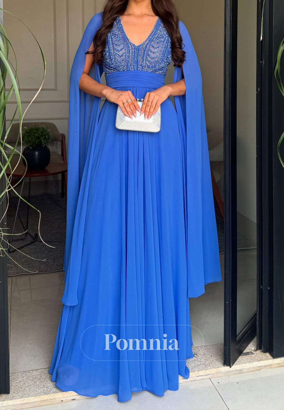 Blue Jay A-Line V-Neck Long Sleeves Appliques Mother of the Bride Dress