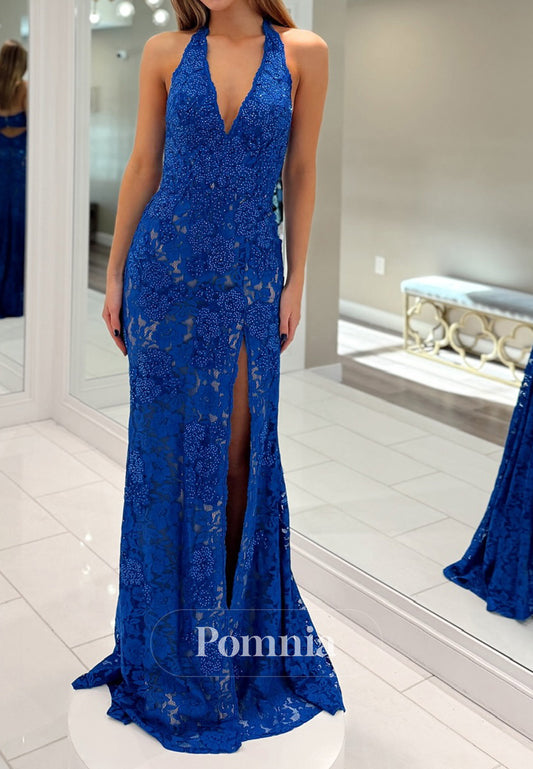 Blue Jay Halter Sleeveless Backless A-Line Prom Dress