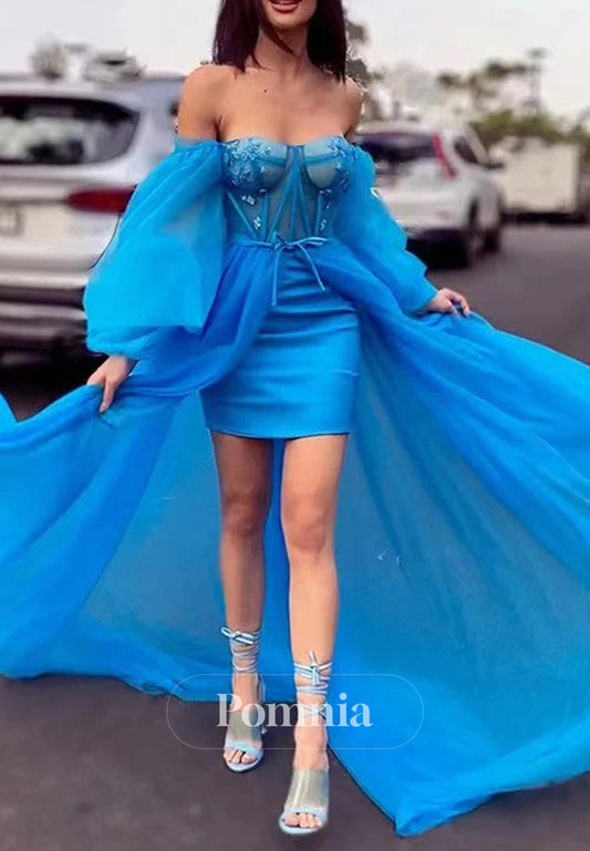 Blue Jay Long Sleeves Off-Shoulder Short Homecoming Dress