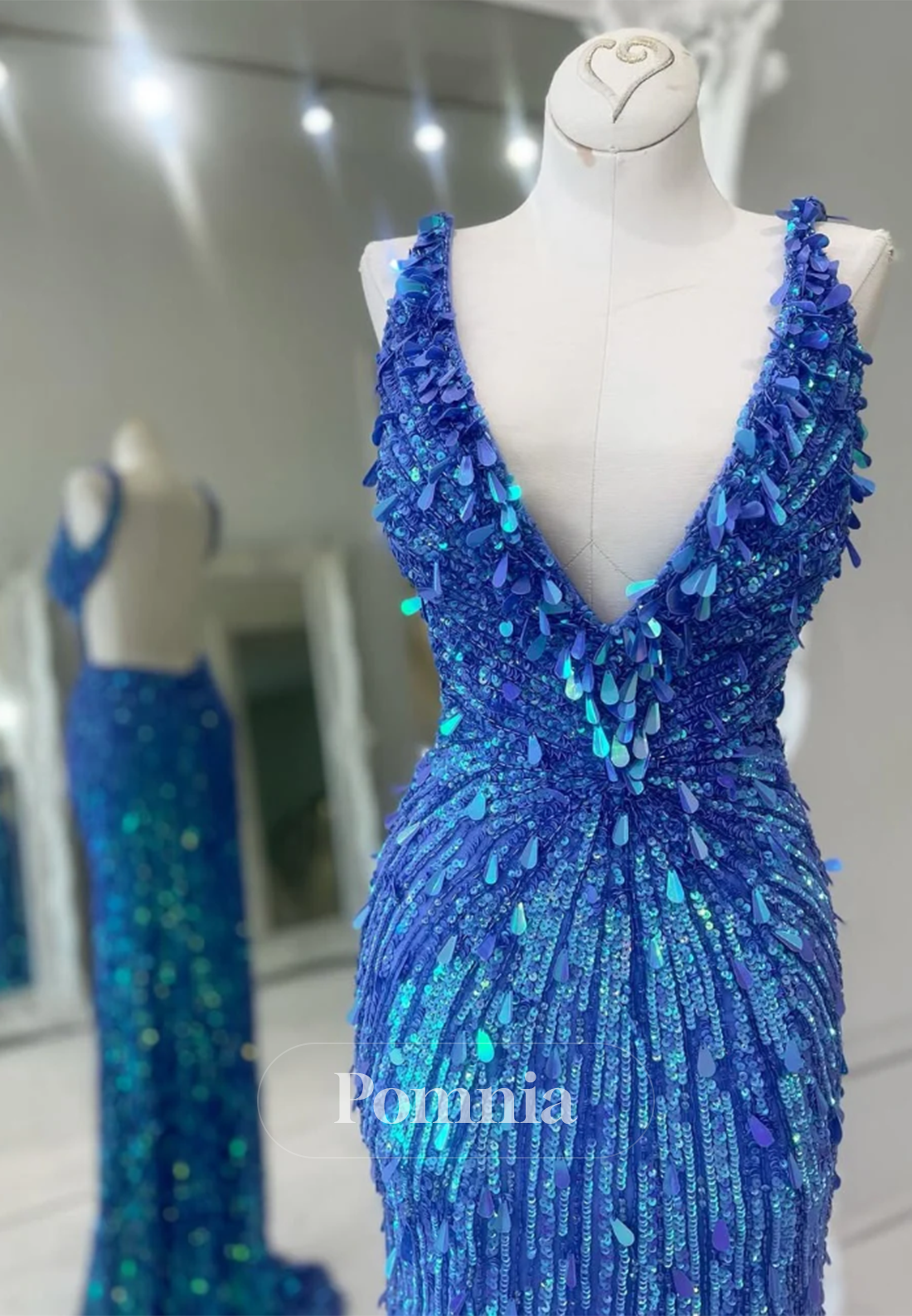 Blue Jay SPaghetti Straps V-Neck Sequins Slit Prom Dress