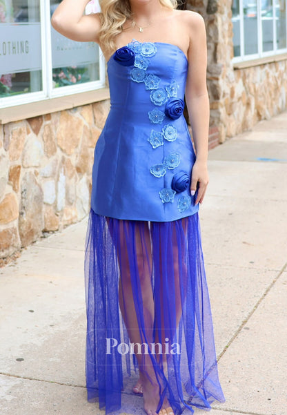 Blue Jay Sleeveless Strapless Floral Appliques Short Homecoming Dress