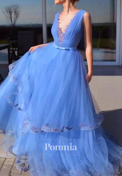 Blue Jay Spaghetti Straps V-Neck Empire-Waist Lace Prom Dress